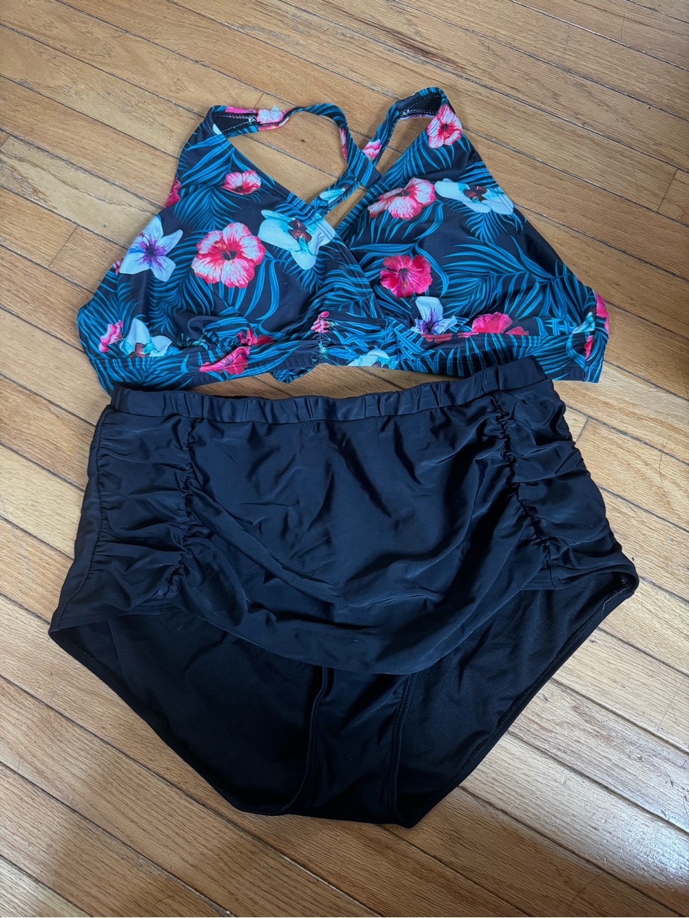 Floral Halter Bikini Top & Black High-Waist Bottoms - Tropical Pink/Teal
